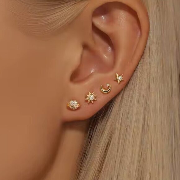 Bundle of 4! Stud Earring Set Celestial Gold CZ Star Moon Sun Planet Stacked Ear - Picture 6 of 6